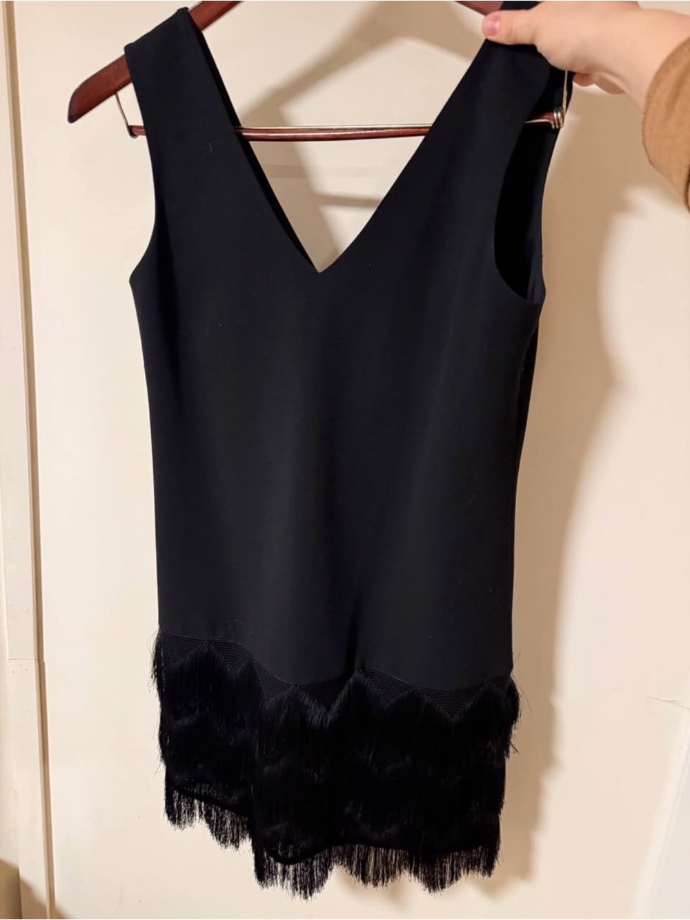 BCBGMaxAzria Black Sleeveless V-Neck Mini Dress with Fringe Hem